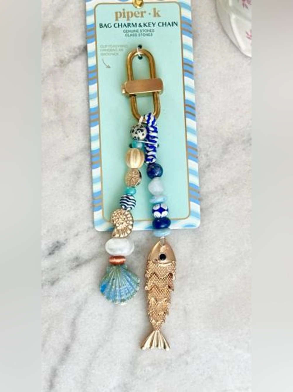Piper K Blue Beaded Fish & Shell Bag Charm Key Chain